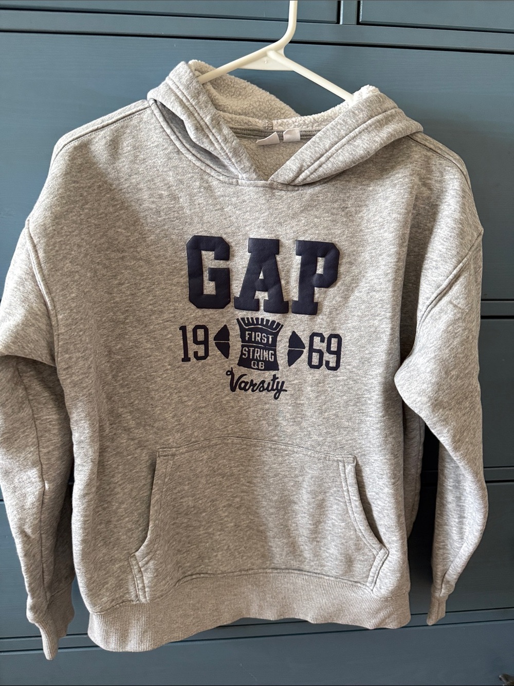 GAP Gray Hoodie with Navy Varsity Logo